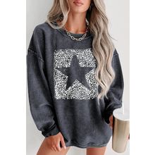 Gray Leopard Star Graphic Corded Sweatshirt