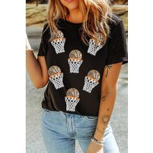 Black Sequin Basketball Patched Graphic Game Day T Shirt