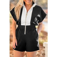 Black Contrast Collar Patchwork Zip Front Romper