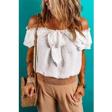 White Off Shoulder Ruffle Knotted Detail Swiss Dot Blouse