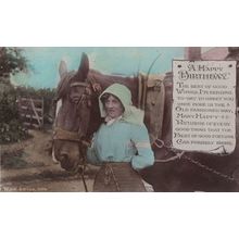 Farm Worker Lady Maid Hood Horse Old Fashioned Greetings Postcard
