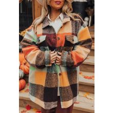 Orange Plaid Print Flap Pocket Long Jacket