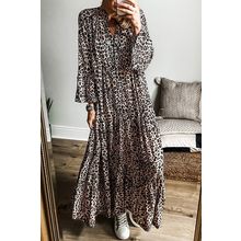 Apricot Leopard Print Tiered Wide Sleeve Maxi Dress