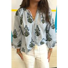 Beau Blue Striped Floral Printed Long Sleeve Tied V Neck Blouse