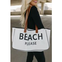 Bright White BEACH PLEASE Print Large Canvas Tote Bag