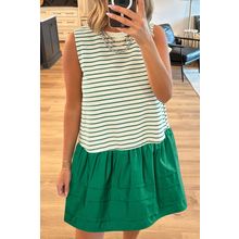 Green Stripe Woven Ruffled Sleeveless Mini Dress
