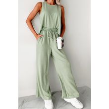 Smoke Green Textured Tank Top and Drawstring High Waist Pants Set