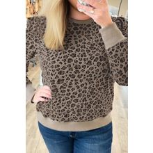 Khaki Leopard Textured Ribbed Trim Plus Size Long Sleeve Top