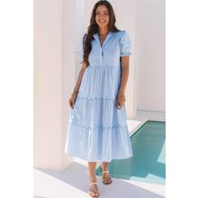 Sky Blue Stripe Bubble Short Sleeve Tiered Scallop Long Dress
