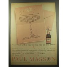 1960 Paul Masson Pink Champagne Ad - Only one man came to the aid of the party