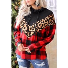 Red Chevron Plaid Leopard Patchwork Turtleneck Sweatshirt