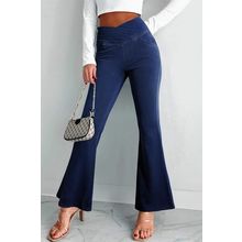 Dusk Blue Solid Crossed Waist High Elastic Fit Flare Knit Jeans