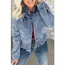Beau Blue Ruffle Raw Hem Flap Pockets Denim Jacket