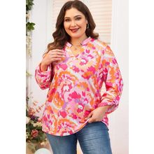 Pink Plus Size Abstract Floral Print V Neck Blouse