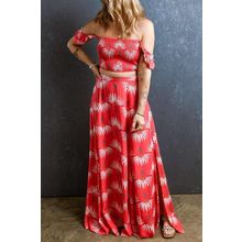 Red Floral Shirred Off Shoulder Crop Top and Slit Maxi Skirt Set