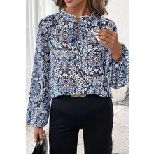 Blue Tribal Print Lace-up Frilled Neck Puff Sleeve Blouse