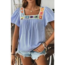 Sky Blue Stripe Textured Ruffle Short Sleeve Boho Detail Square Neck Blouse
