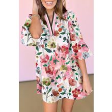 Red Floral Contrast Striped V Neck Puff Half Sleeve Shift Dress