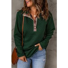 Green Geometric Texture Plaid Trim Sweatshirt