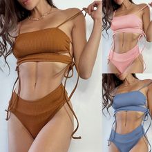 New sexy high-waisted for bikini women with striped ribbed fabric and tie straps
