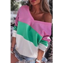 Pink Ribbed V Neck Color Block Patchwork Sweatshirt
