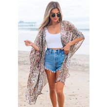 Apricot Floral Print Short Wide Sleeve Open Front Loose Kimono
