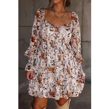 White Floral Print Sweetheart Neck Long Sleeve High Waist Mini Dress