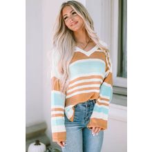 Multicolor Colorblock Stripe Long Sleeve Split Sweater
