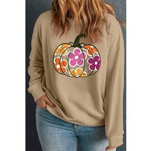 Apricot Plus Size Floral Pumpkin Print O Neck Halloween Sweatshirt
