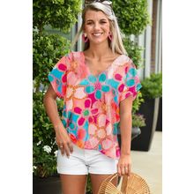 Pink Abstract Print V Neck Dolman Blouse