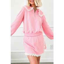 Pink Peter Pan Lace Embellished Neck Collision Sweatshirt and Skirt Two Piece Se