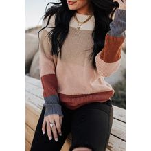 Khaki Color Block Knitted O-neck Pullover Sweater