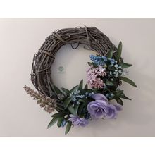 WOODVINE WREATH with PURPLE BLUE AND PINK FLOWERS