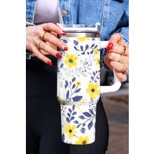 White Flower Print Stainless Handled Large Tumbler 40oz