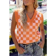 Russet Orange Checkered V Neck Knitted Sweater Vest