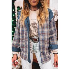 Gray Plaid Corduroy Patchwork Collared Zip Up Snap Button Jacket