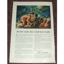 1947 Travelers Insurance Ad, Indian Blew Smoke in Bear!