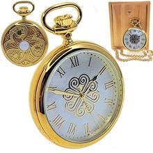 14K Gold Plated Men Big Heavy Brass Pocket Watch White MOP Dial + MOP Stone