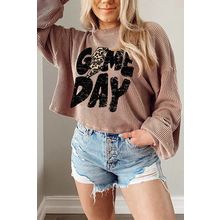 Khaki Game Day Graphic Crop Corded Knit Top