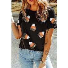 Black Sequin Triangle Patched Pattern Halloween T Shirt