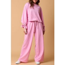 Bonbon Solid Color Drawstring Long Sleeve Top and Pants Set
