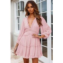 Pink Layered Ruffled Open Back Puff Sleeve Swiss Dot Mini Dress