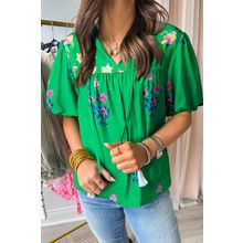 Green Floral Detail Tie Split Neck Short Sleeve Blouse
