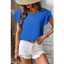 Dark Blue Textured Ruffled Sleeve Round Neck Top