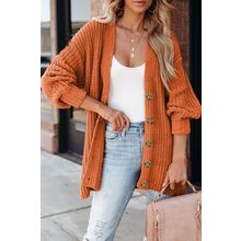 Gold Flame Button Front V Neck Chunky Cardigan Sweater