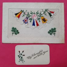 WW1 SILK EMBROIDERED POSTCARD ALLIED FLAG FOUR LEAF CLOVER INSERT POSTED