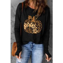Black Sunflower Pumpkin Graphic Thumbhole Sleeve Top