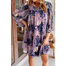 Purple Vintage Daisy Floral Puff Sleeve Ruffle Short Dress