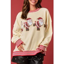 Beige Santa Skiing Graphic Striped Trim Corded Sweatshirt