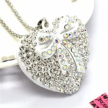 New Fashion Women White Enamel Crystal Bow Love Heart Pendant Chain Necklace
